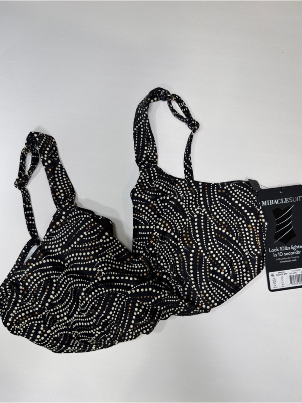 Miraclesuit Black Bikini Top with White and Gold Dot Swirl Print